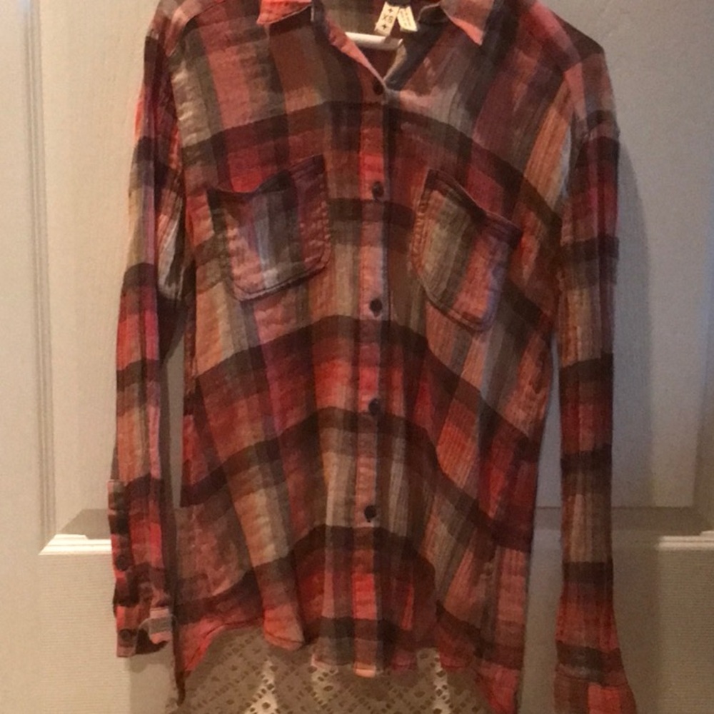 We The Free Red and Brown Plaid Button Down Shirt